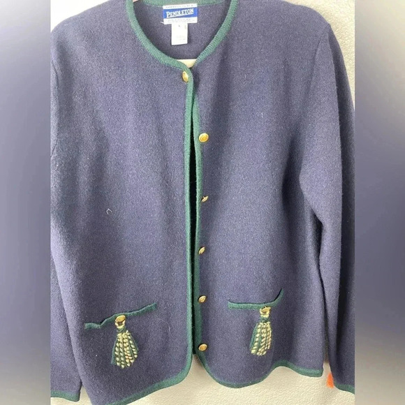 Vintage Pendleton Merino Wool Cardigan Sweater Navy Green Trim Gold Buttons L - Picture 2 of 10